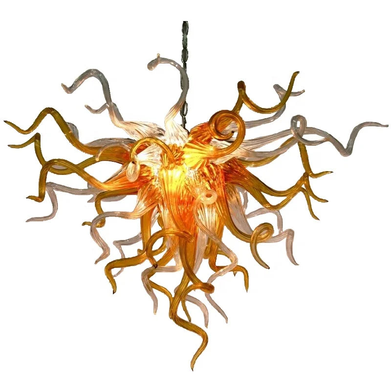 Modern Pendant Light High Hanging Amber Color Handmade Blown Glass