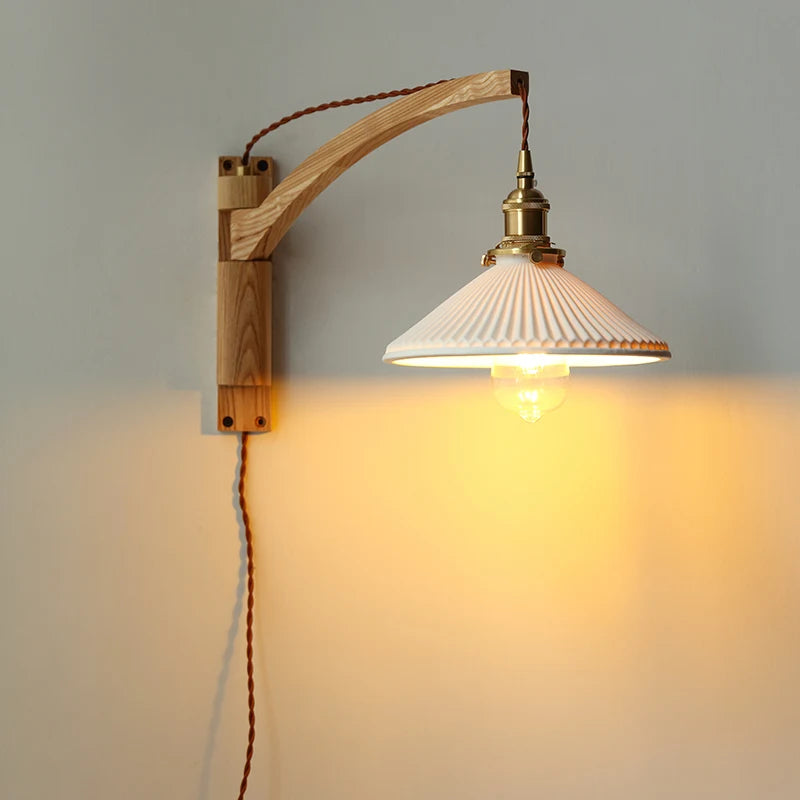 American Vintage Retro Telescopic Swing Arm Wall Lamp Ceramic Wood