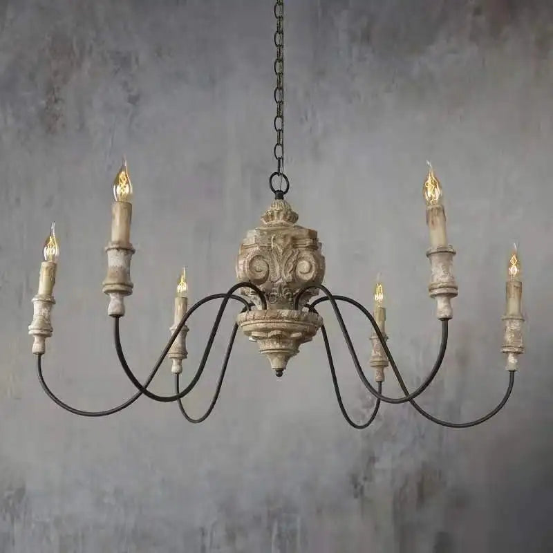 American Rural French Solid Wood Chandelier Carving Retro Vintage