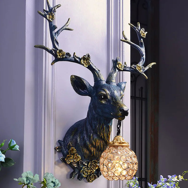 American Lucky Deer Head Wall Lamp Retro Resin Deer Horn Wall Lights