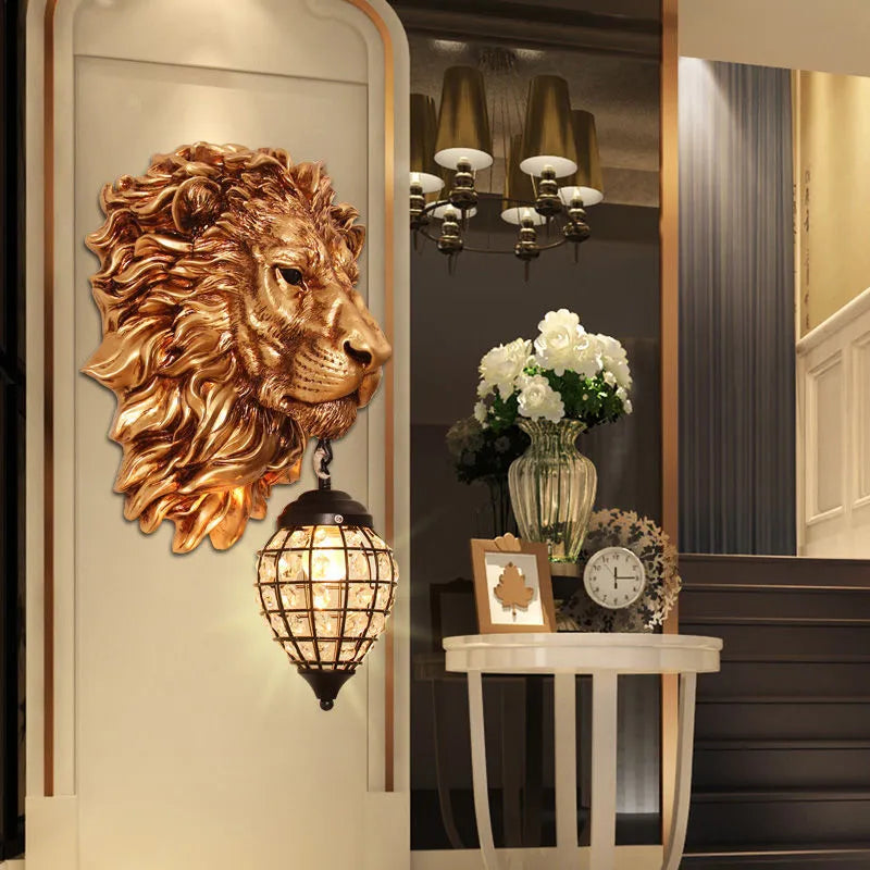 American Retro Creative Lion Head Wall Lamp Resin Led Wall Lamp Living