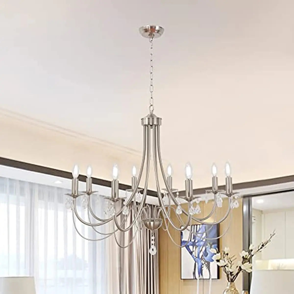 8 Lamps Crystal Chandelier Modern Brushed Nickel Ceiling Light Vintage