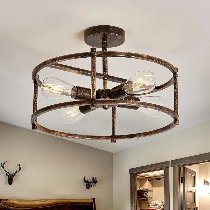 4 -Light Retro Semi Flush Mount Ceiling Light,Oil Rubbed Bronze Metal