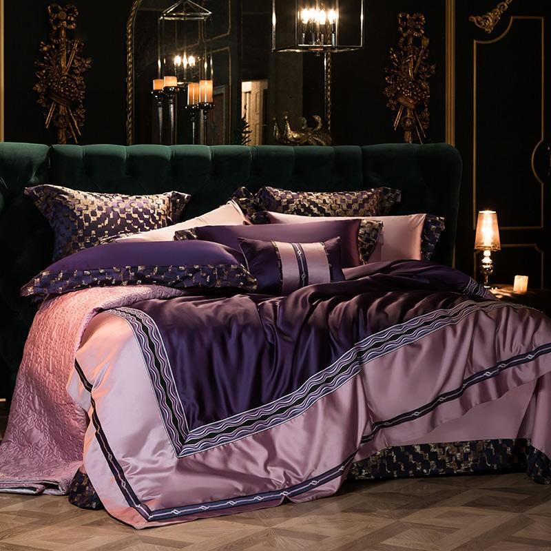 Chic Patchwork Purple Satin Fabric Embroidery Duvet Set