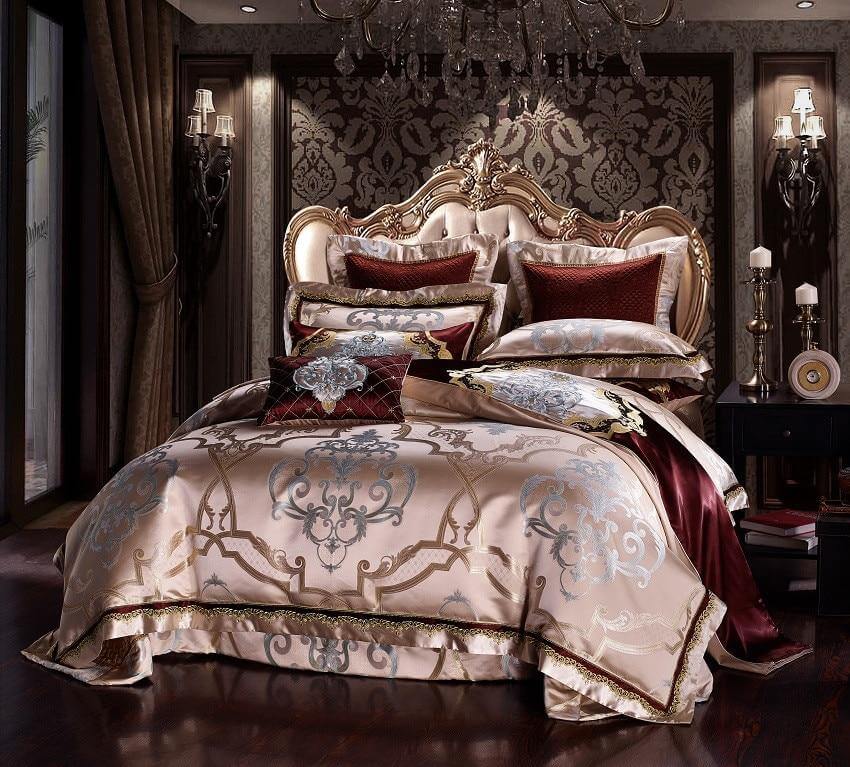 Golden Silk Cotton Luxury Satin Jacquard Bedding Set Queen King Size Wedding Bedding Sets Bed Sheet/Spread Set Duvet Cover