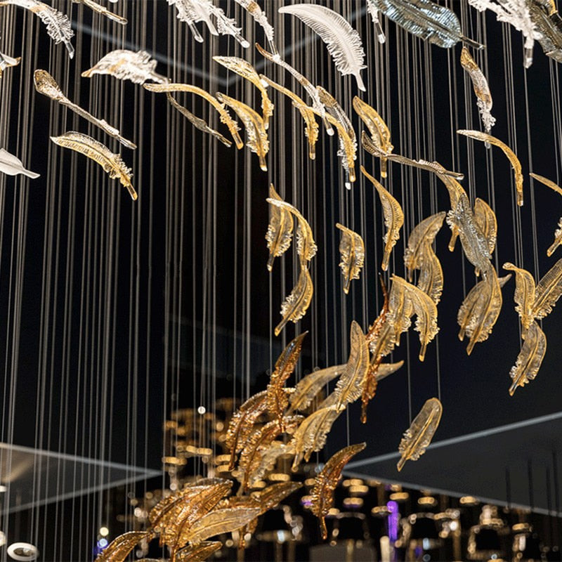Feather Handblown Glass Pendant Light Amber Clear Color Flying Pendant Lamp Staircase Designer