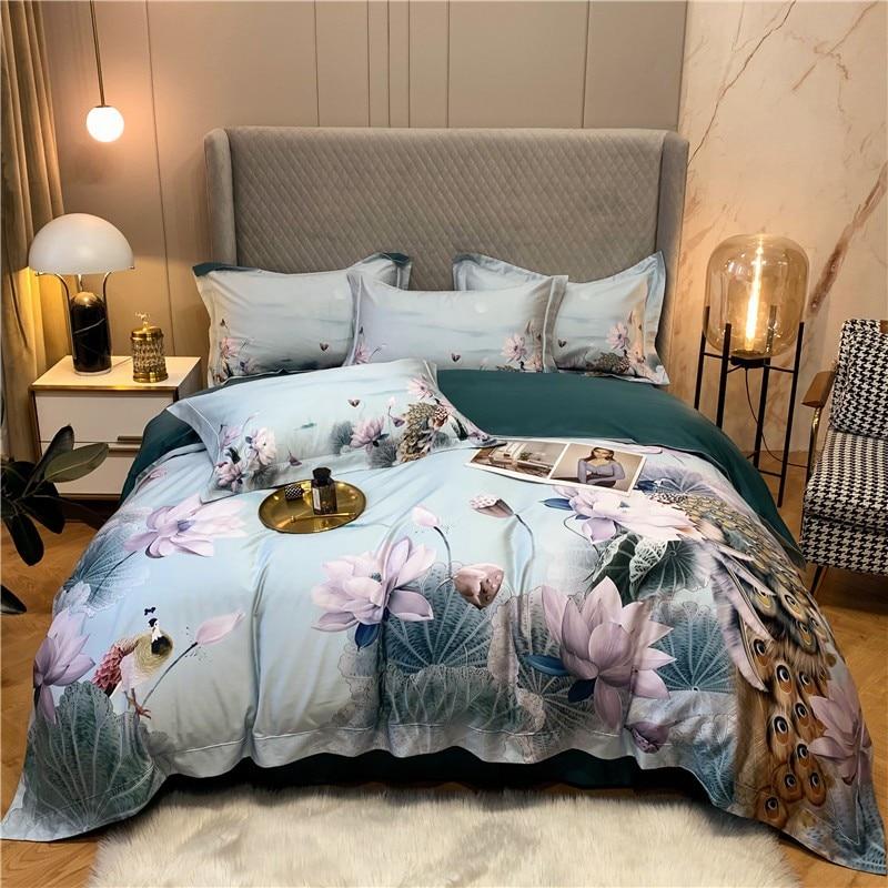 Peacock Lotus Leaves Duvet Cover