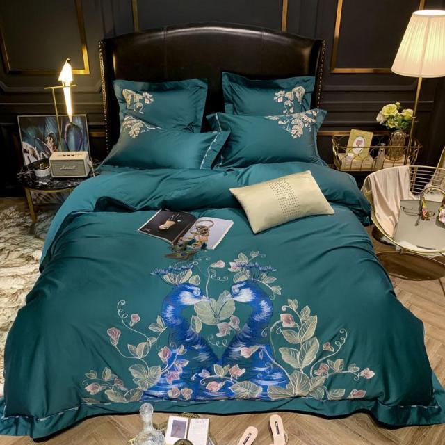 Green Peacock Embroidery Duvet Set