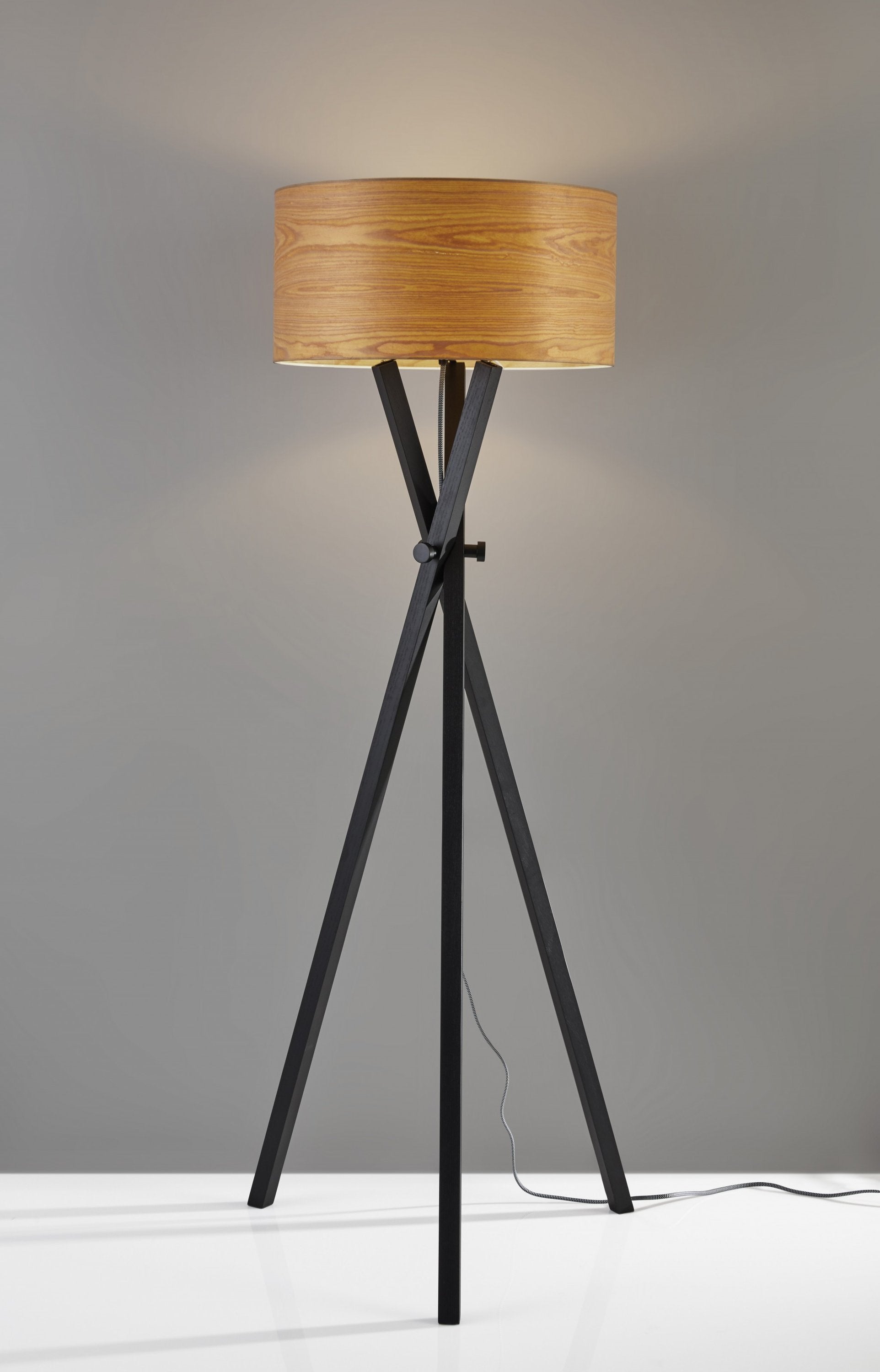 Architectonic Black Wood Tripod Floor Lamp with Rustic Wood Grain