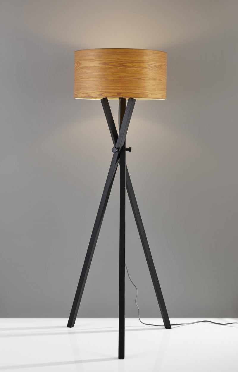 Architectonic Black Wood Tripod Floor Lamp with Rustic Wood Grain