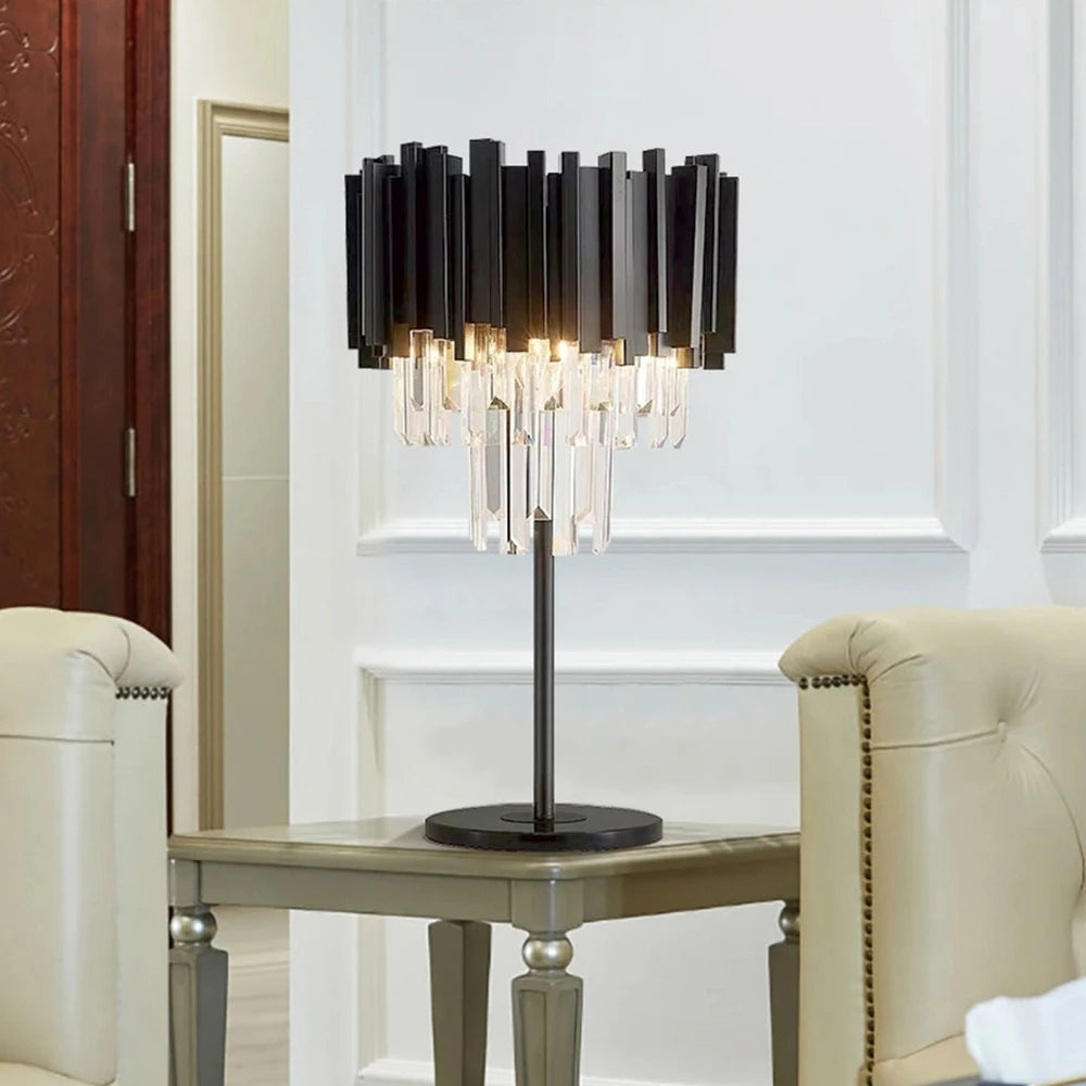 Dimmable Black Crystal Art Deco Luxury Table Lamp For Study Room