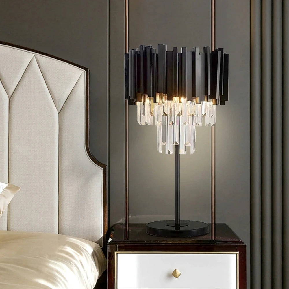 Dimmable Black Crystal Art Deco Luxury Table Lamp For Study Room
