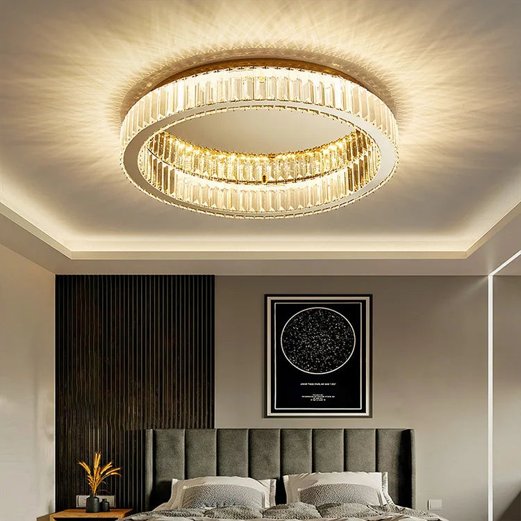 Round LED Ceiling Light Indoor Hotel Living Room Luxury Gold Crystal