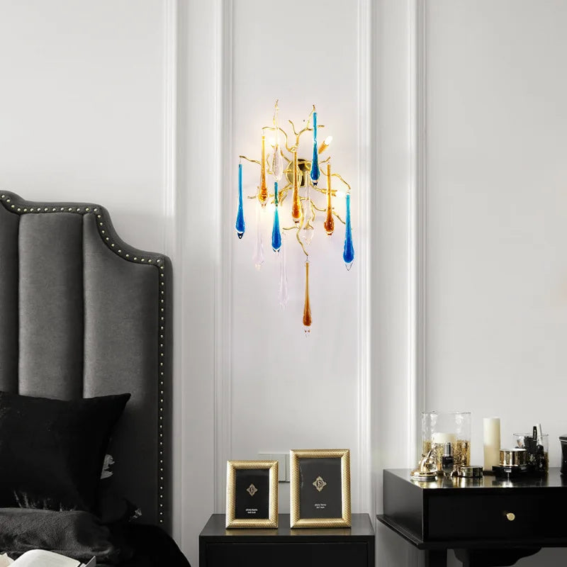 Light luxury branch type crystal wall lamp aluminum golden bedroom