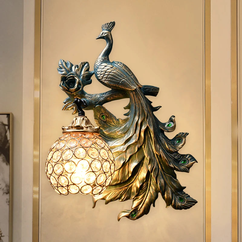America Vintage Peacock Wall Lamp Modern Creative Resin Led Sconce for