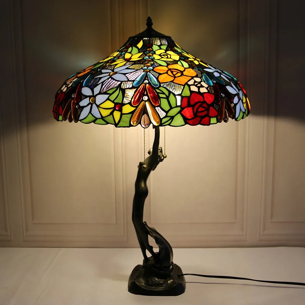 Tiffany Style Stained Glass Table Lamp With Copper Design