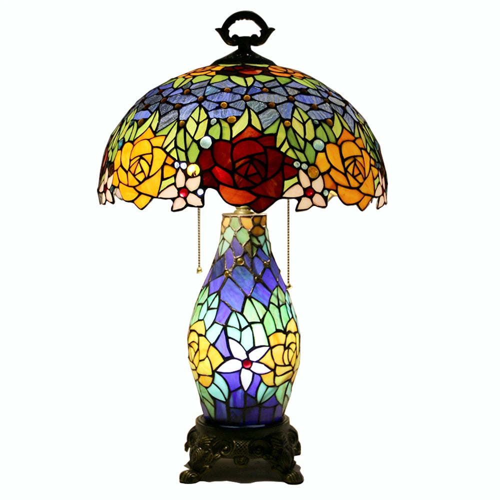 Tiffany Style Stained Glass Table Lamp Rose Flower Desk La