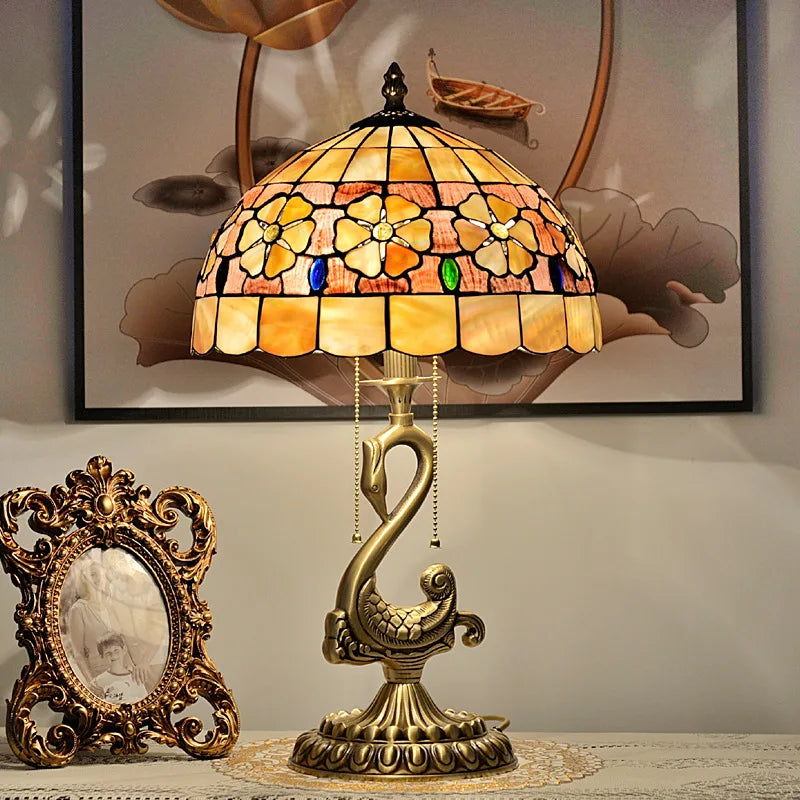 Copper Shell Table Lamp Tiffany Retro Pastoral Hotel Villa Living Room