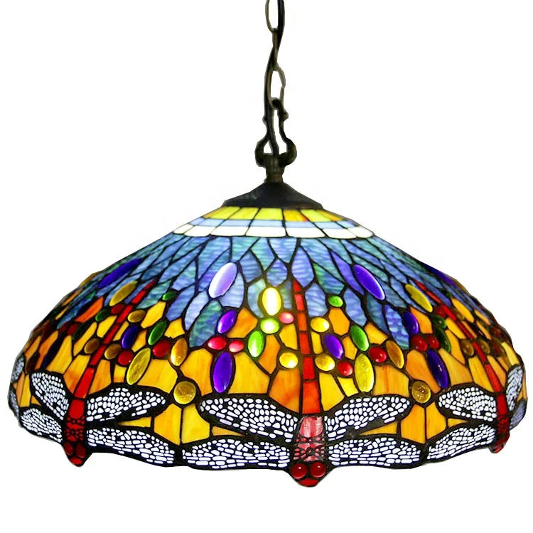 Tiffany Style 2 Light Dragonfly Pendant Lamp - 18" Wide