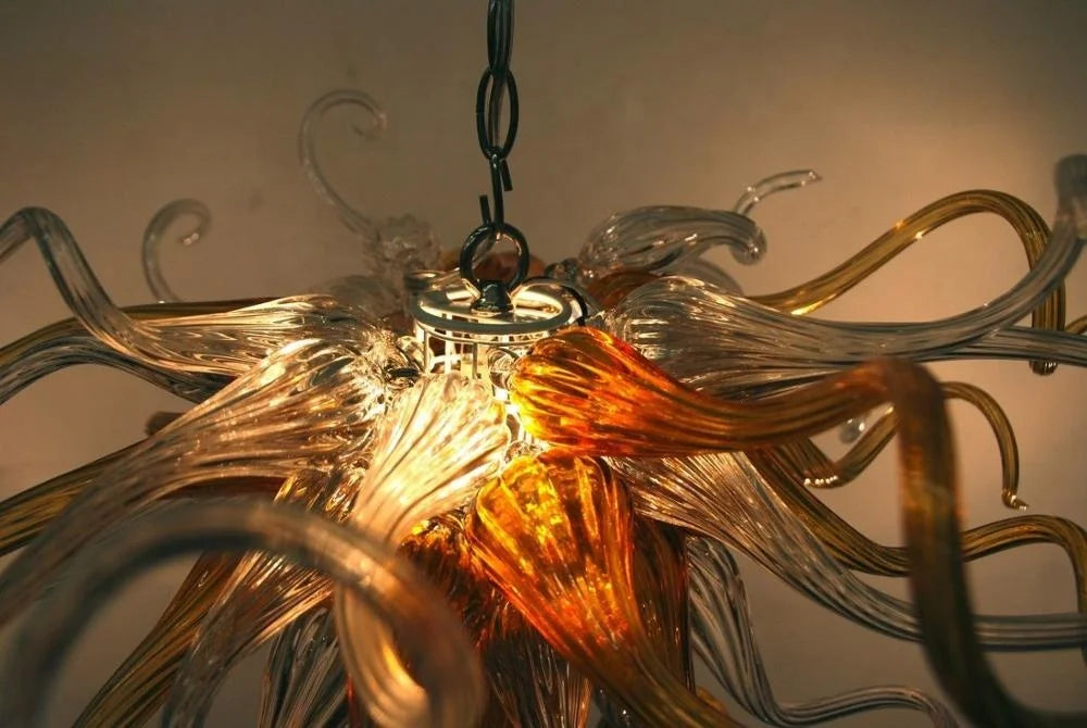 Modern Pendant Light High Hanging Amber Color Handmade Blown Glass