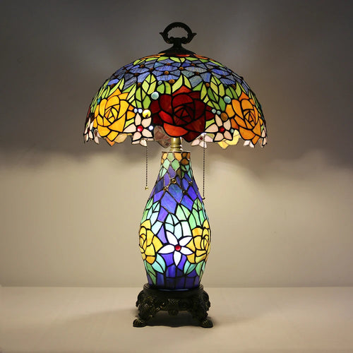 Tiffany Style Stained Glass Table Lamp Rose Flower Desk La