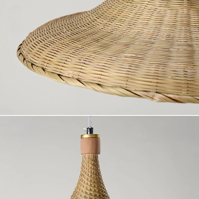 Delicate Art Bamboo Wicker Rattan Cap Pendant Light Fixture Vintage