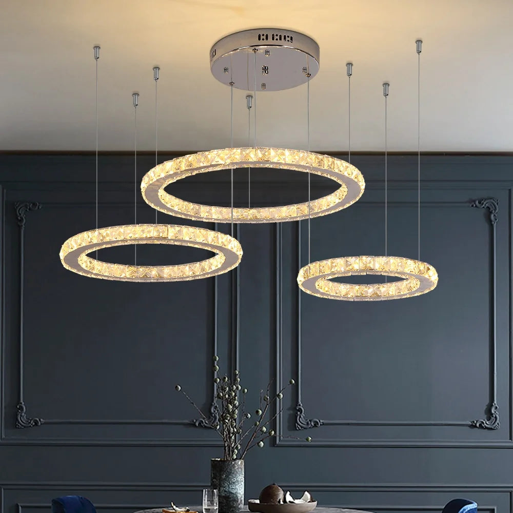 Modern Crystal Chandeliers 3 Rings LED Ceiling Lighting Fixture for