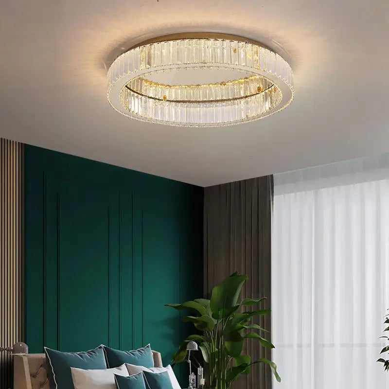 Round LED Ceiling Light Indoor Hotel Living Room Luxury Gold Crystal