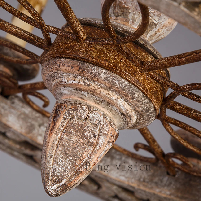 Wooden Iron Chandelier Lighting Vintage Crystal Lustre Pendant