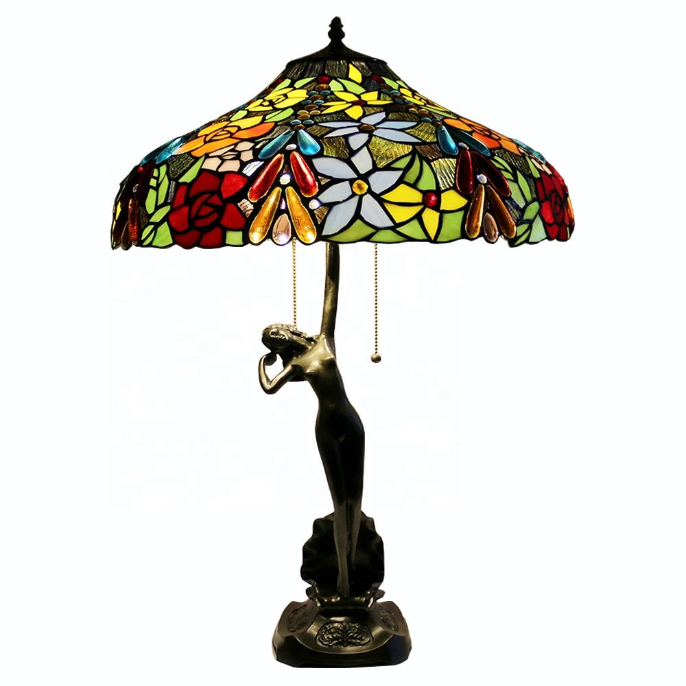 Tiffany Style Stained Glass Table Lamp With Copper Design