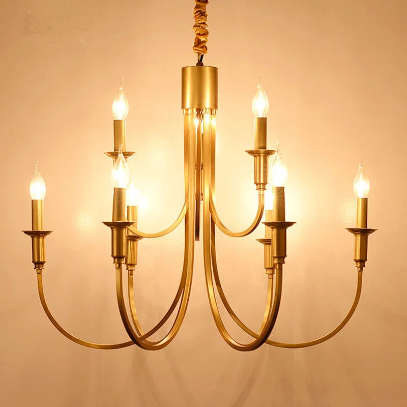 Living Room Gold bronze Full Copper LED Candle Chandelier Lamps Retro