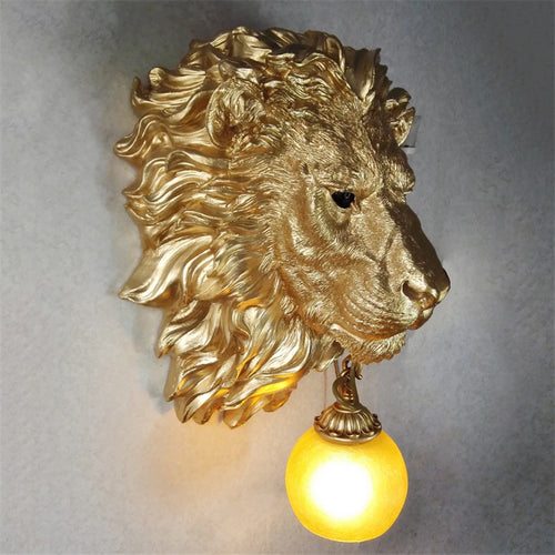 Nordic American Animal Lion Head Wall Lamps Carving Deco Resin Sconce