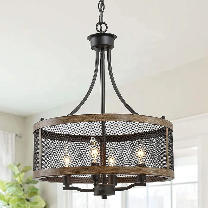 Modern Industrial Farmhouse Wood Grain Pendant Lamp American Retro E14