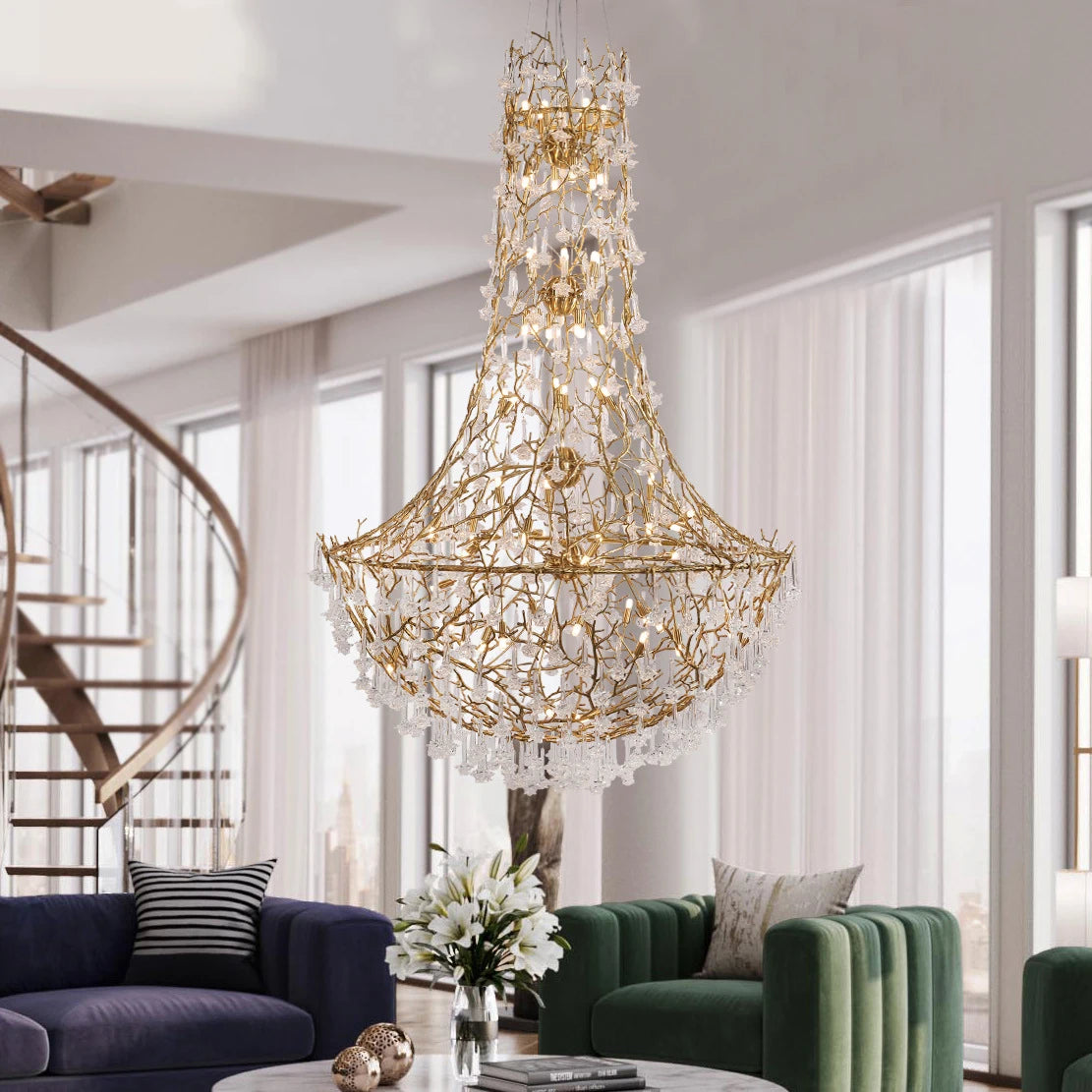 Modern Large Copper Brass Crystal Chain Chandelier Designer Decoration