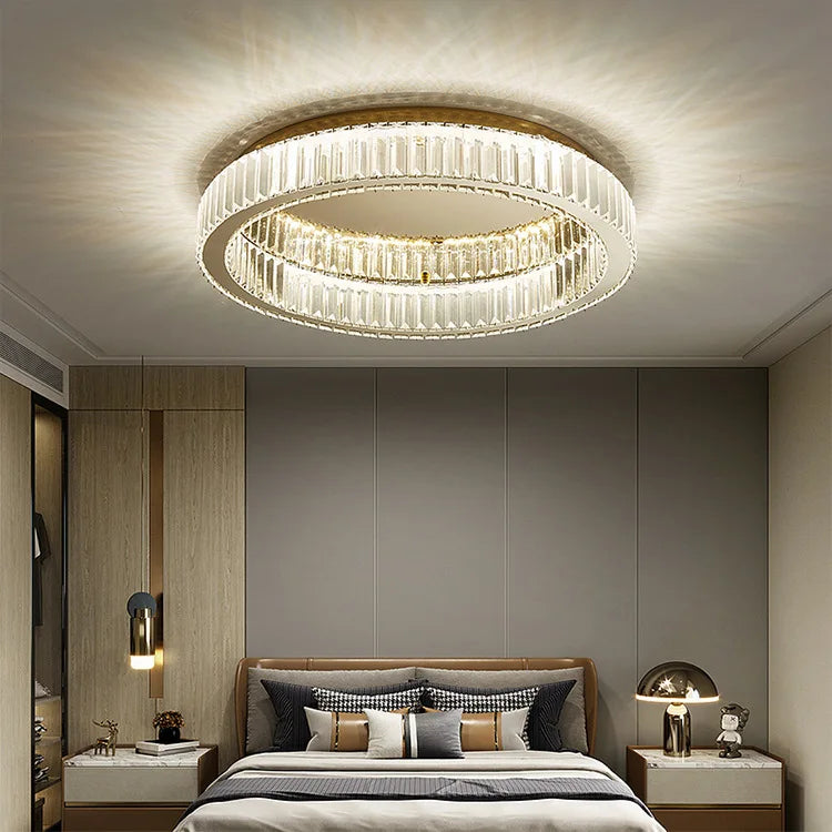 Round LED Ceiling Light Indoor Hotel Living Room Luxury Gold Crystal