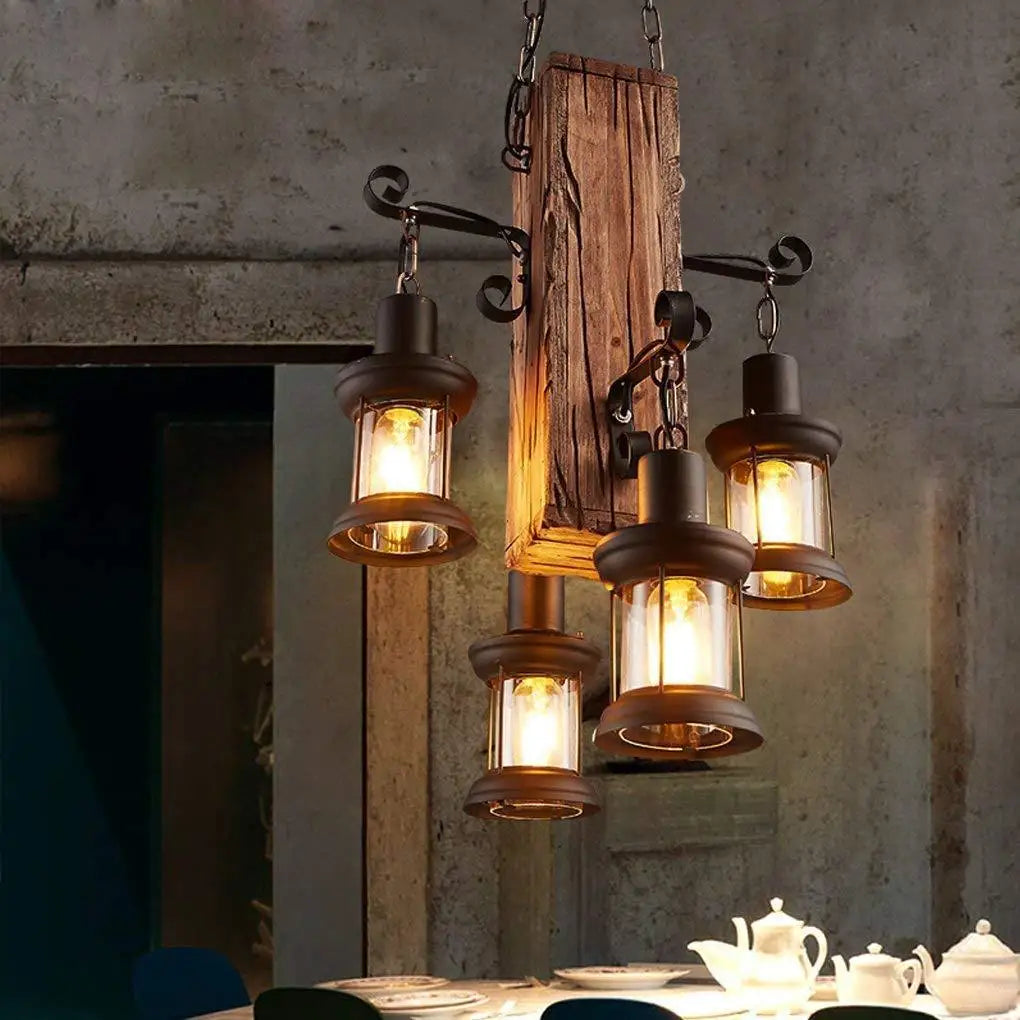 American Country Nostalgic Loft Retro Solid Wood Chain Pendant Lights