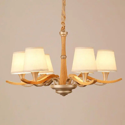 Arms Oak Wood Fabric Shade Chandelier Light Chain Fixture Nordic