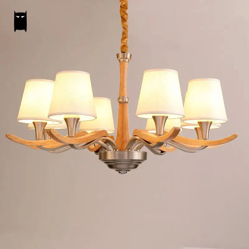 Arms Oak Wood Fabric Shade Chandelier Light Chain Fixture Nordic