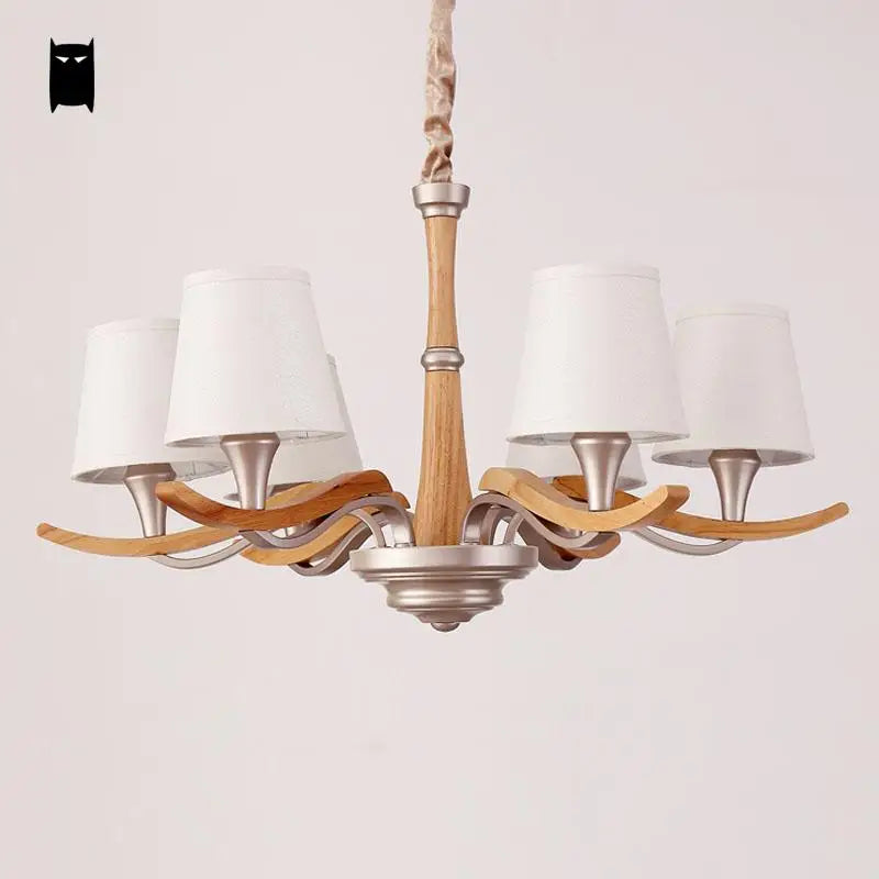 Arms Oak Wood Fabric Shade Chandelier Light Chain Fixture Nordic