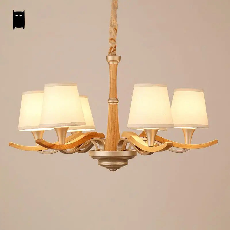 Arms Oak Wood Fabric Shade Chandelier Light Chain Fixture Nordic