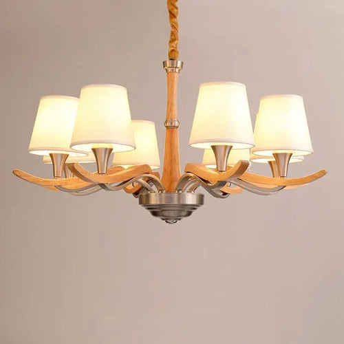 Arms Oak Wood Fabric Shade Chandelier Light Chain Fixture Nordic