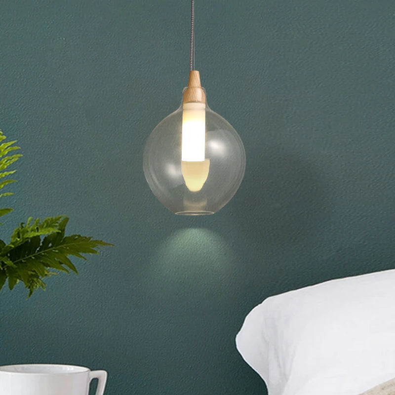 Glass Ball Modern LED Pendant Lights Simple Wood Pendant Lamp Bedroom