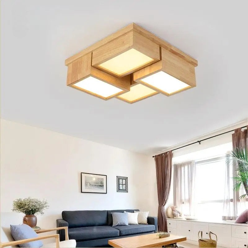 LED Wood Square Geometry Ceiling Light Fixture Japanese Nordic