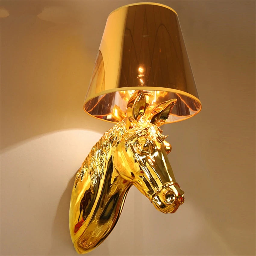 European Gold Resin Horse Head Animal Wall Lamps Bedroom Corridor