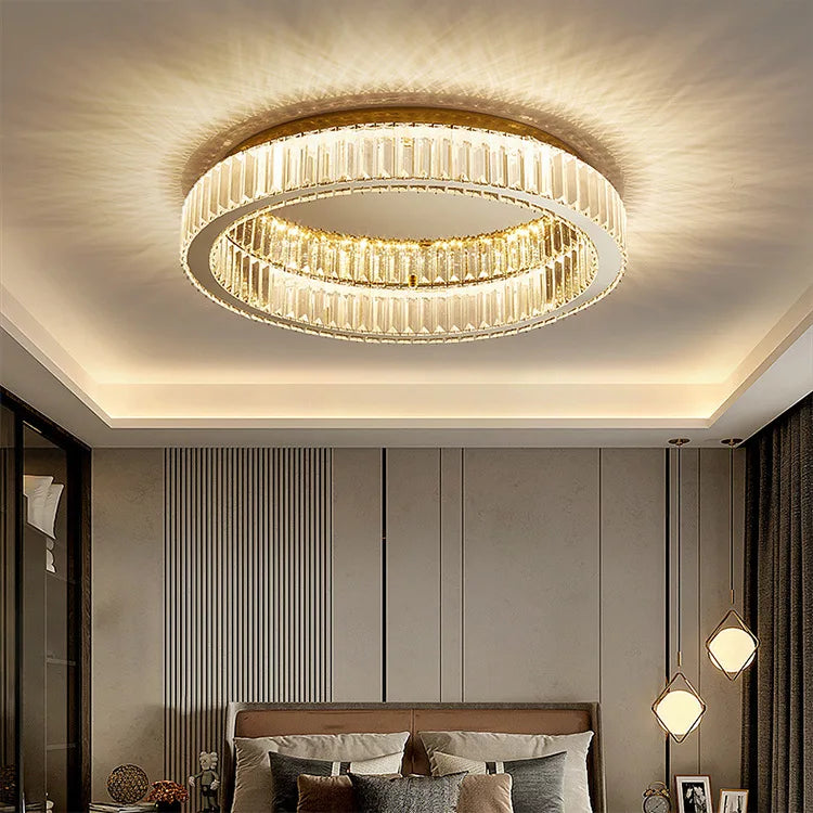 Round LED Ceiling Light Indoor Hotel Living Room Luxury Gold Crystal