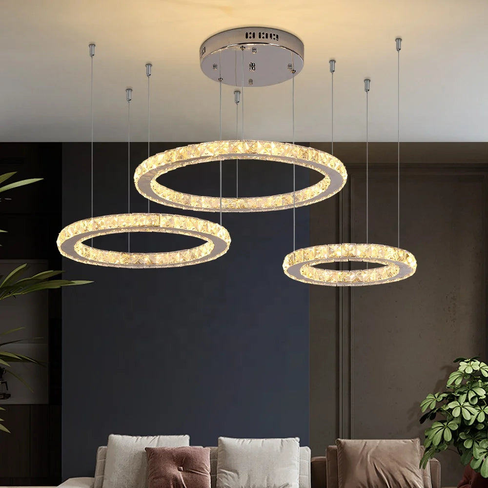 Modern Crystal Chandeliers 3 Rings LED Ceiling Lighting Fixture for