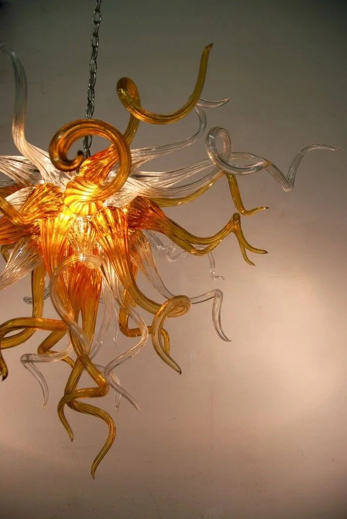 Modern Pendant Light High Hanging Amber Color Handmade Blown Glass
