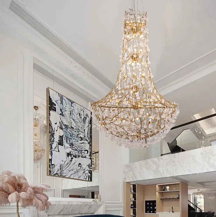 Modern Large Copper Brass Crystal Chain Chandelier Designer Decoration