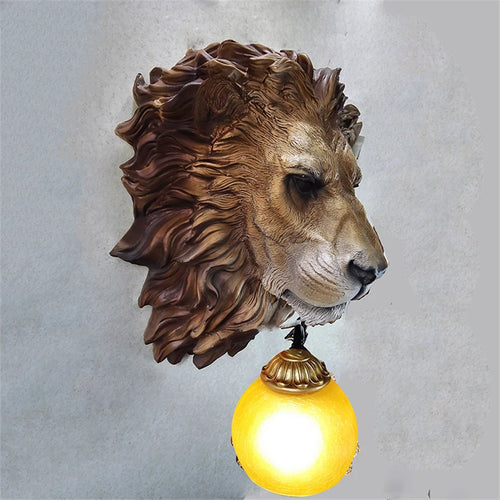 Nordic American Animal Lion Head Wall Lamps Carving Deco Resin Sconce