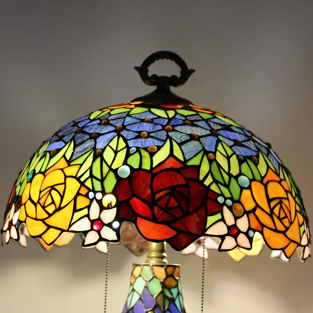 Tiffany Style Stained Glass Table Lamp Rose Flower Desk La